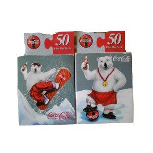 New Vtg Lot of 2 Coca Cola Polar Bear Ultra Mini 50+pc Puzzles Snowboard Soccer